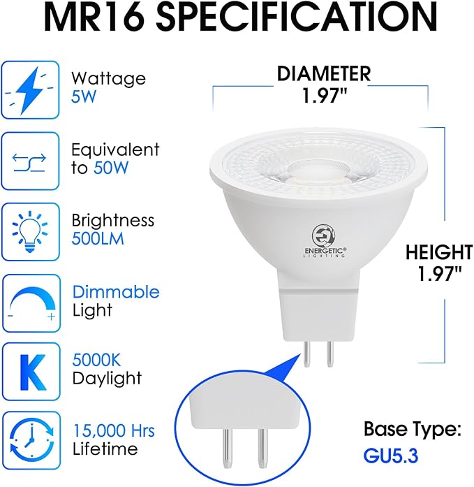 Energetic Dimmable MR16 5W 12V LED Light Bulb, 50W Halogen Equivalent, CRI 80+, GU5.3 Bi-Pin Base, 40 Degree Beam Angle, 5000K Daylight, 500LM, for Landscape, Recessed, Track Lighting, 24Pack