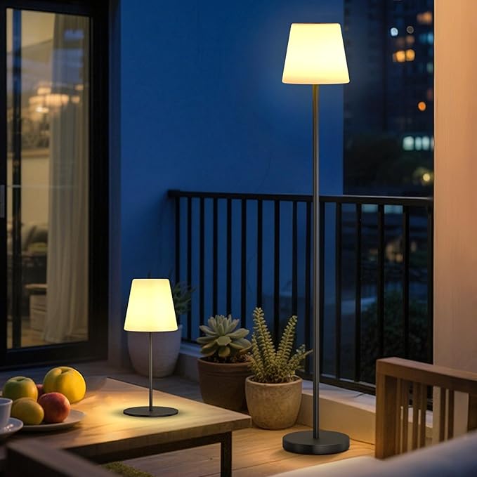 Solar Outdoor Floor Lamp and Table Lamp 2-Piece Set Dimmable Cordless USB Rechargeable RGB Warm White LED Water-Resistant Lights for Yard Garden Patio Balcony