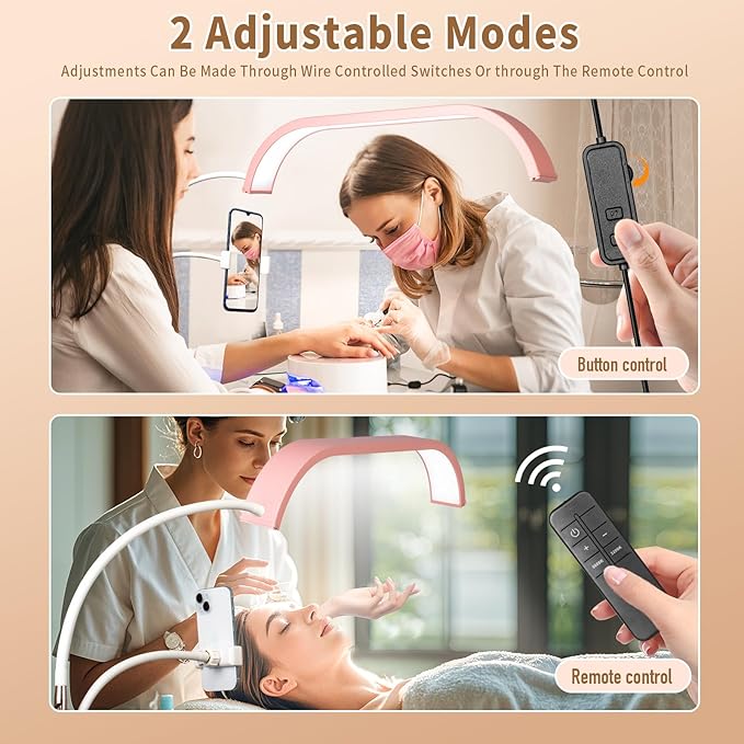 HITTI Estheticians Light, Flexible Gooseneck Lash Light for Eyelash Tech, LED Half Moon Light with Phone Holder, Stepless Dimming and 7 Color Modes Floor Lash Lamp for Tattoo Artists Nail Craft- Pink