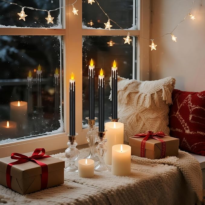 Flameless Taper Candles 10.6" Dripless Battery Operated Taper Candles Included Remote Timer 400+ Hours by 2AA Batteries for Halloween Christmas Wedding (Black+White, 12 Pack)