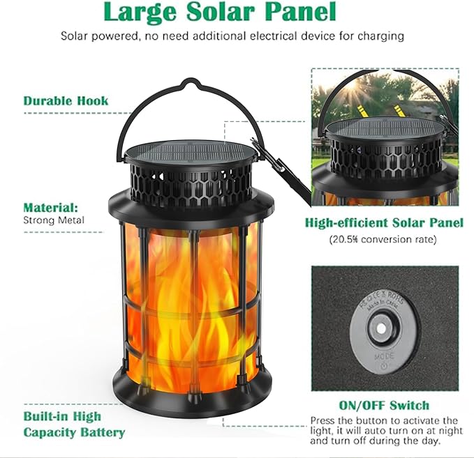 Solar Lanterns Outdoor Waterproof,Upgraded Flickering Flame Lights, Hanging Solar Lanterns Lights, Solar Powered Decorative for Garden Yard Pathway, 2 Pack