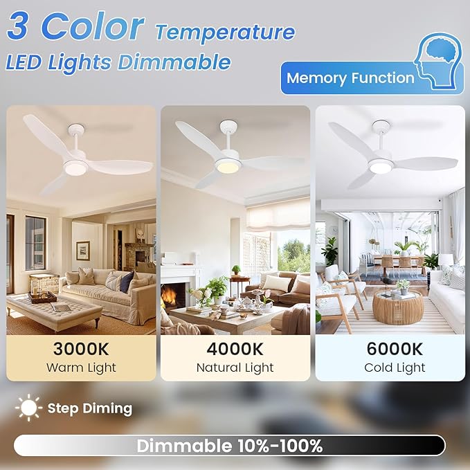 White Ceiling Fan with Light, 52" Outdoor Ceiling Fans with Lights and Remote, 3 Color Light, 6 Speed, DC Motor, for Bedroom/Outdoor/Patios, White