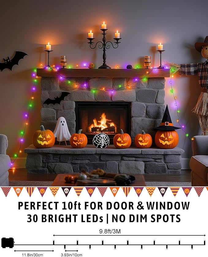 Halloween String Lights Battery Operated, Orange Purple and Green Fairy Lights with Timer Waterproof 9.8ft 30 LED Halloween Decorations for Outdoor Indoor Patio Party Garden Yard Decor