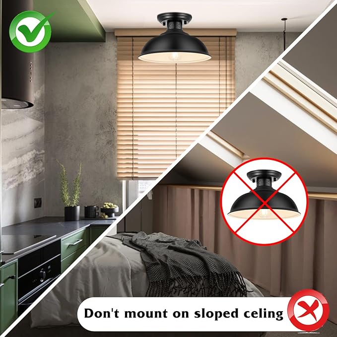 2PCS Industrial Vintage Ceiling Light, Semi Flush Lighting Kitchen Island Dining Room Foyer Hallway Porch Barn Loft, Black 13in