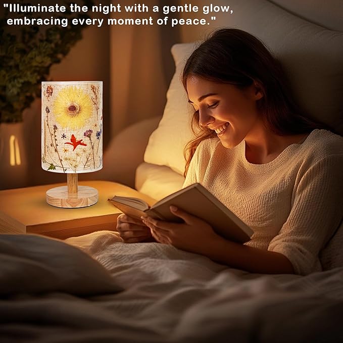 Dried Flowers Table Lamp,5w Led 3-Color Pressed Floral Beside Lamp,Cute Vintage Linen Shade Desk Lamp for Bedroom Office with Wood Base