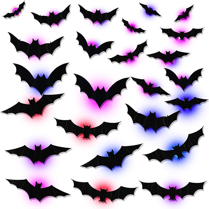 Halloween LED Bats Light Wall Stickers Glow in The Dark 3D Wall Decor for Home Decor Indoor Party Decorations (24, 5 Sizes)