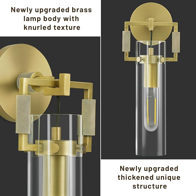Modern Gold Indoor Wall Sconces Set of 2, 15'' knurled Brass Bathroom Wall Sconces, Glass Bathroom Vanity Light, for Living Room, Bedrooms, Hallway, Staircases, Include Bulb