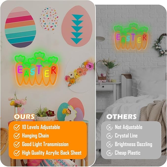 Carrots Neon Sign Easter Neon Light for Bedroom Office Dimmable Happy Easter LED Sign Festive Neon Wall Decor for Garden Kidsroom Carrot Window Lights