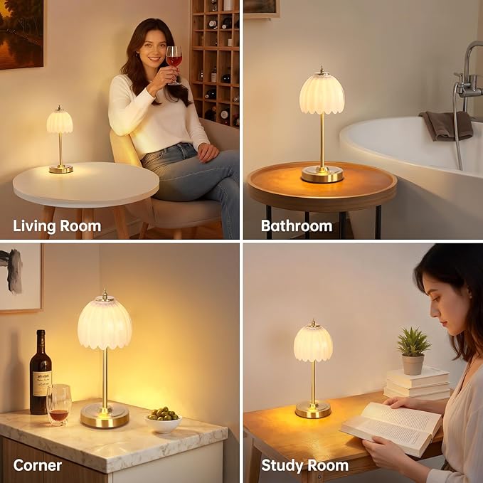 Set of 2 Tulip Table Lamp with 5000mAh Battery & Touch Control, Cordless Table Lamp with 3 Colors, Dimmable Rechargeable Table Lamps for Bedroom, Living Room, Entryways (White Tulip)