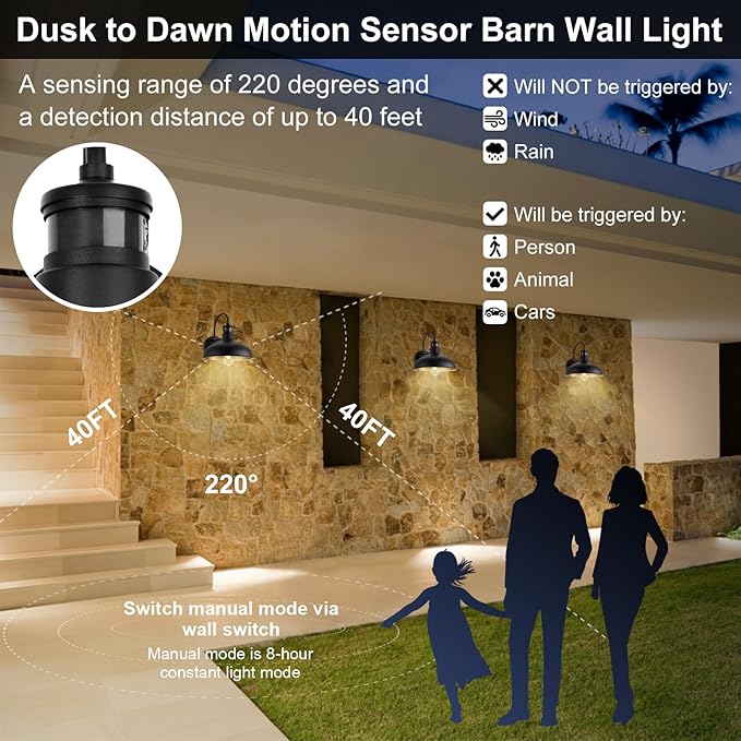 12in Exterior Barn Light Motion Sensor Black Outdoor Gooseneck Lighting Wall Mount Dusk to Dawn Farmhouse Style Outside Porch Light Fixture Outdoor Garage Barn Door Light for House