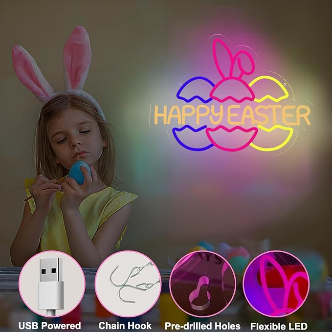 Happy Easter Neon Signs for Wall Decor, Easter Bunny Ears and Eggs Decorations Gifts, USB Dimmable LED Neon Lights Sign Party Decor for Bedroom Window Door Yard Bar Classroom Church