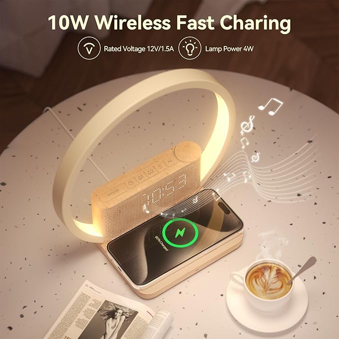 Vivilumens Sunrise Alarm Clock Wireless Charger, 10 White Noise Sound Machine Alarm Clock with 30/60/90 Mins Timer, 3 Levels Touch Night Light Dual Clocks for Heavy Sleeper Bedroom Decor Gifts for Her