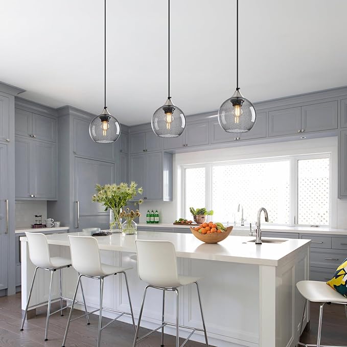 Light Grey Glass Pendant Lights Kitchen Island Globe Pendant Light Fixtures Modern Pendant Lighting for Bedroom Living Dining Room Light Fixture (5.9 in, 1 Pack)