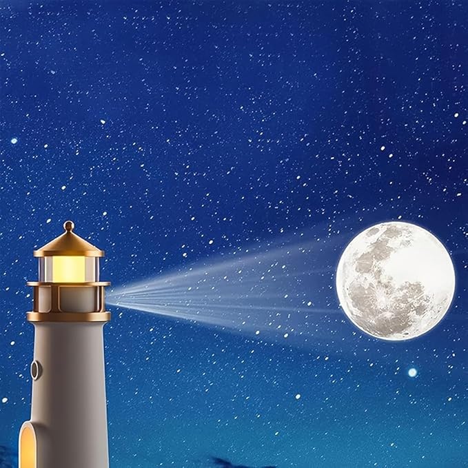 Moon Lighthouse Projector Night Light with Motion Sensor - Rechargeable LED Galaxy Table Lamp, Moon Lamp for Kids, Bedroom, Nursery Decor - Perfect Christmas, Birthday Gift for Boys & Girls