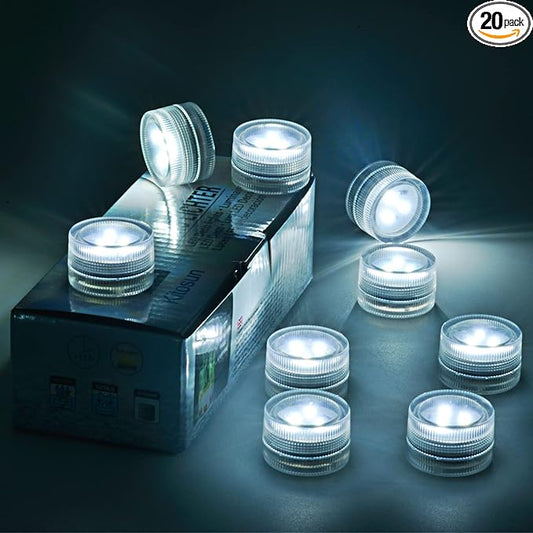Afoosoo Submersible Xmas Christmas Decorations Lights Candles – 20 Pack Battery Operated LED Fake Candles | Mini Underwater Led Tealight Accent Lights for Pool Pond Wedding Party Decoration (White)