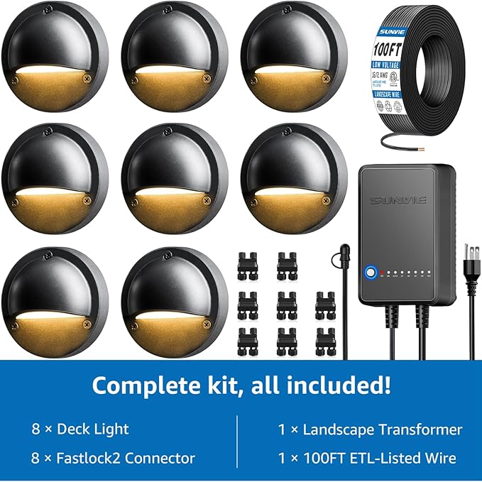 SUNVIE All-in-One Low Voltage Deck Lights Kit, 8 Pack 5W Low Voltage Landscape Lighting with 60W Transformer 100FT Wire and Connectors, 3000K 12-24V AC/DC LED Deck Step Lights for Fence Post Patio