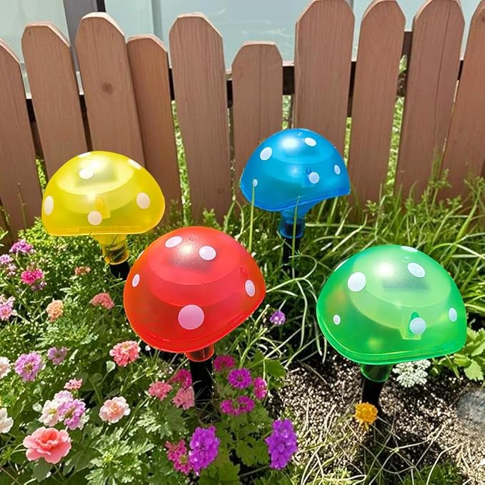 Bright Zeal 4-Pack Mushroom Solar Lights Outdoor Waterproof (8.5" Tall, 4" Wide) - Mushroom Outdoor Garden Red Green Yellow Blue - LED Garden Lamps for Outside Solar Fairy Stake Lamps