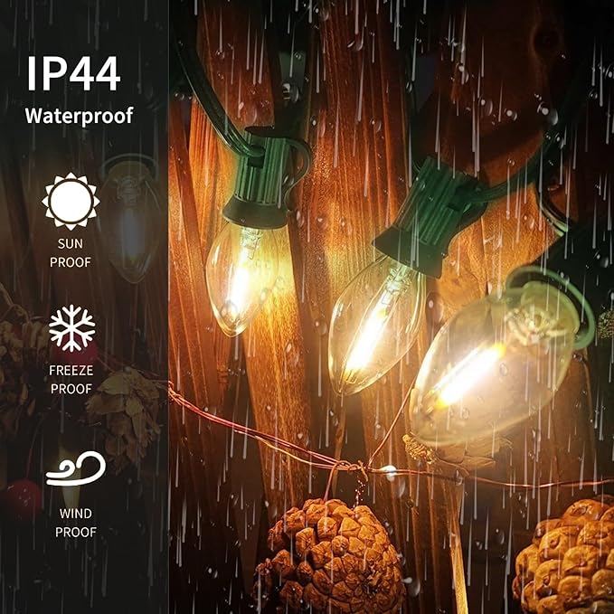 12FT C7 LED Christmas Lights Outdoor Indoor, Plug in Warm White String Lights for Porch, Railing, Staircase, Patio Decor, Green Wire