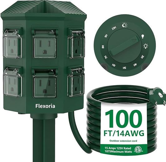 Outdoor Power Strip Timer Waterproof, Dusk to Dawn Light Sensor Countdown, 100FT Extension Cord, 6 Grounded Outlets for Christmas Decorations, ETL Listed