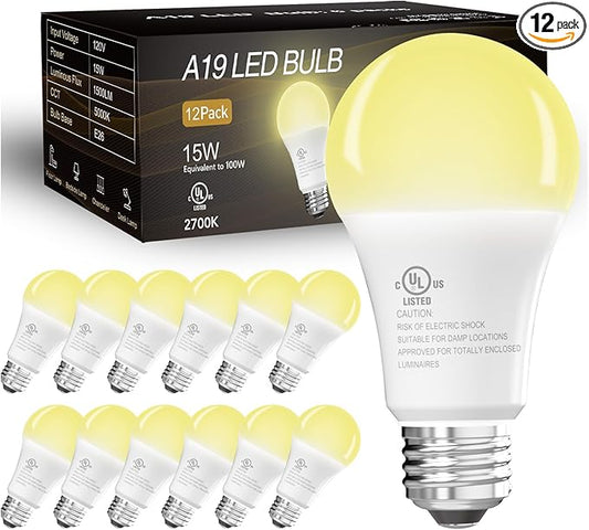 dalattin 12 Pack LED Bulbs Soft Warm 2700K, 100 Watt Equivalent A19 Standard Bulbs, E26 Base, 1500 LM, Efficient 15W Energy Saving, Non-Dimmable, 80+ CRI, 120V, UL Listed, for Living Room, Office