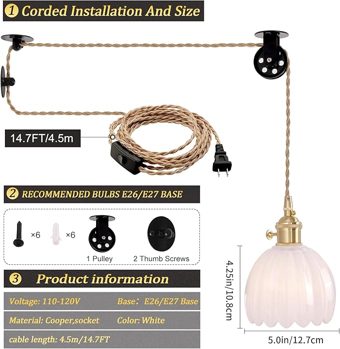 Mini Plug in Pendant Light Hanging Light Fixture Corded On/Off Switch Brass Pendant Light with White Tulip Glass Lampshade for Bedroom Living Room Kitchen Island