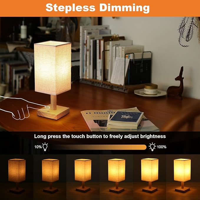 Small Cordless Touch Square Table Lamp with Stepless Dimming, Natural Wood Base & Linen Fabric Shade, Battery-Powered Ambient Night Light for Bedroom, Bedside, Nightstand,Room, Nursery