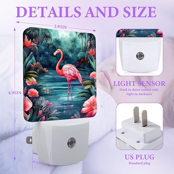 Flamingo Watercolor Night Light,Floral Night Lights Plug into Wall,Led Lamp for Stairway/Hallway/Bedroom 0.5W Nightlight Sleep Friendly