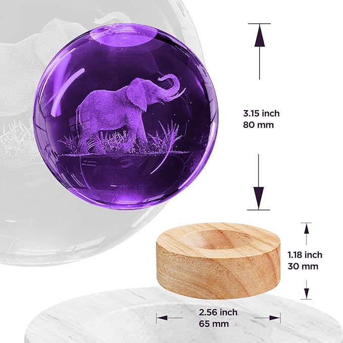 3D Elephant Crystal Ball Night Light, 3.15in K9 Lamp with 16 Colors Change, Wooden Base and Remote Control Decor Gifts for Women Kids