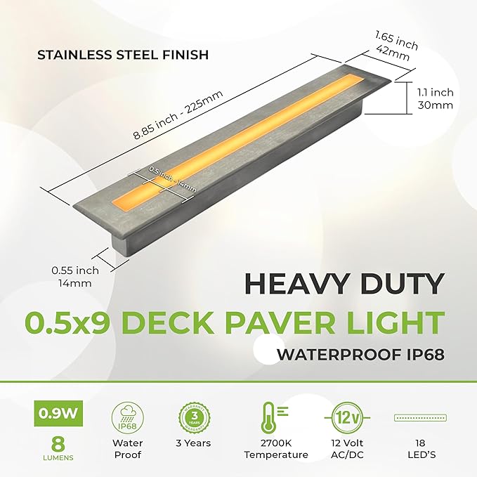 LUMENGY Deck Liner LED Light 0.5x9 Inch, 2700K Warm White, 12V Low Voltage, IP67 Waterproof, for Wood and Composite Decks and Patios, Brown, Stainless Steel Finish