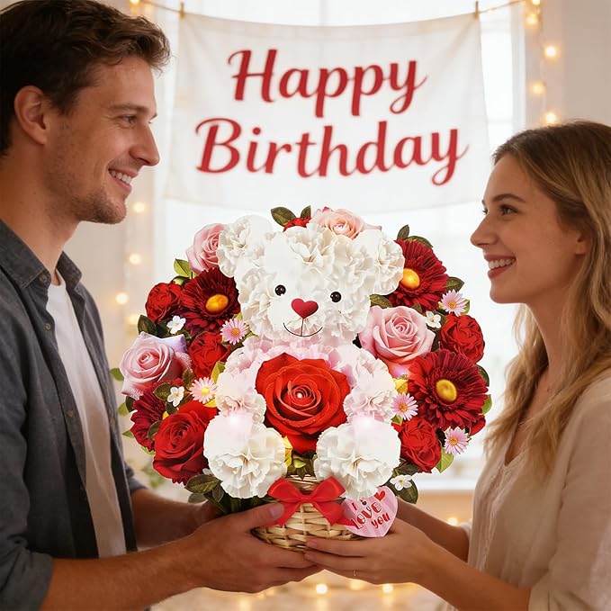 Birthday Card with MUSIC & LIGHTS, Pop Up Mothers Day Card & Anniversary Card, 10 Inch Bear Rose Forever Bouquet Mothers Day Gifts for Her Women Mom Wife