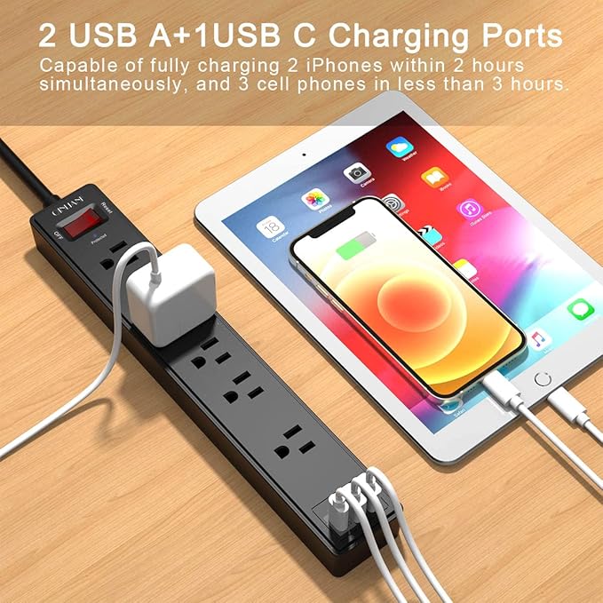 2 Pack Power Strip Surge Protector with 6 Feet, QINLIANF 6 AC Outlets and 3 USB Ports, 6Ft Extension Cord Flat Plug for Home, Office, Dorm Essentials, 1680 Joules, ETL Listed, Black