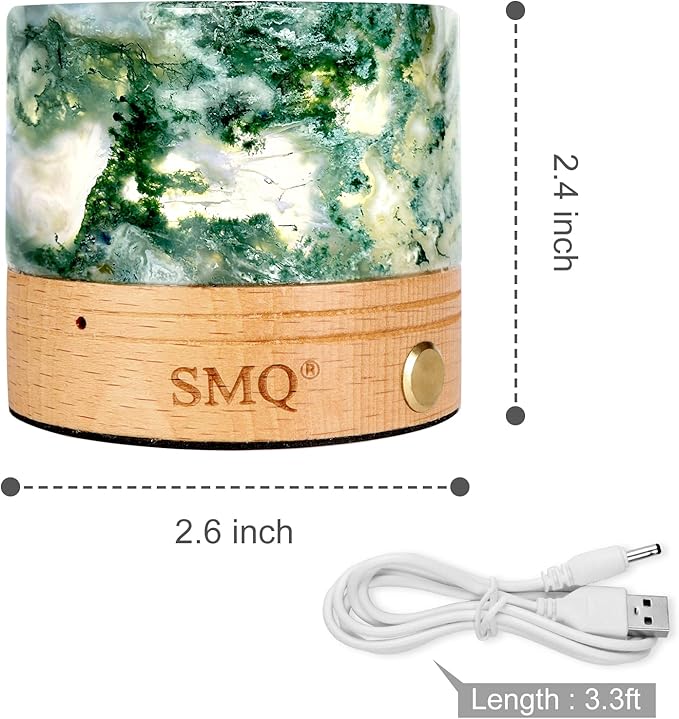 SMQ Moss Agate Crystal Night Light with USB Charging Port,Handmade Polished Healing Crystal Stones Lamp Cylindrical Touch Night Light for Living Room,Shelf,Office Decor