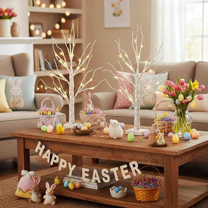 EAMBRITE Lighted Birch Tree Easter Decorations for Home, 2Pack 24 LED Battery Operated/USB Tabletop Mini Small Artificial White Trees with Lights for Christmas Indoor Table Mantel Spring Decor (2FT)