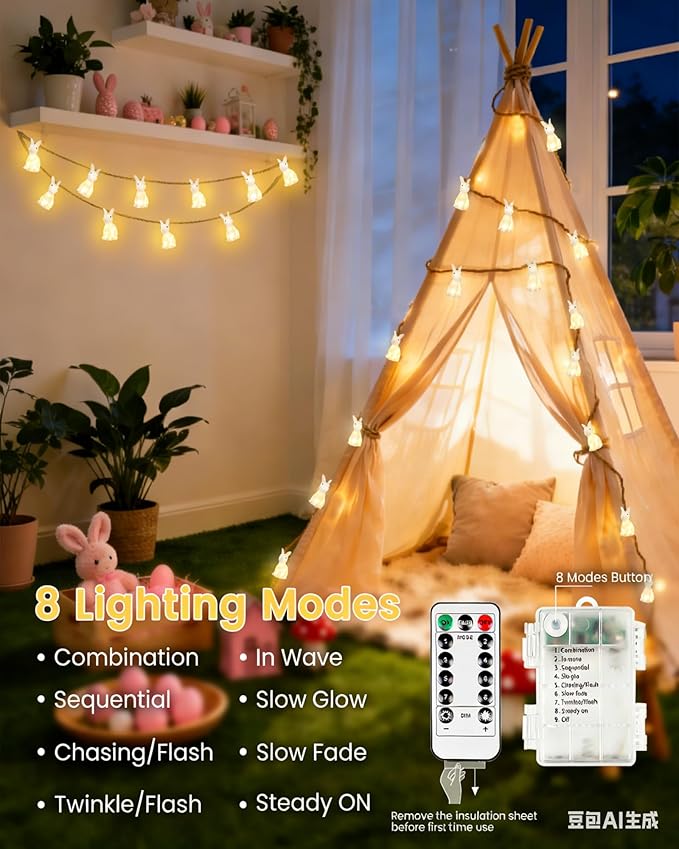 YIQU Easter Decoration String Lights, 10FT 12LED Indoor Bunny Mantel Garland Battery Operated with Remote Timer 8 Modes, Hemp Rope Banner for Fireplace Table Wall Spring Party Indoor Outdoor Decor