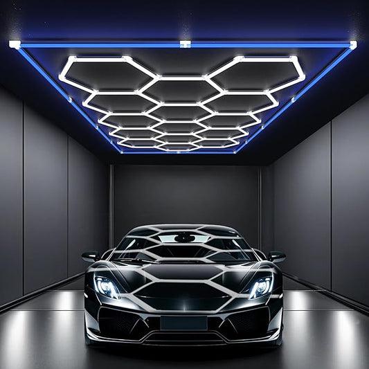 HYPERLITE Gen 2 Hexagon Garage Lights: 15 Grids with Border DIY Hexagon Led Lights, 6500K Ultra Bright, Easy Install Hex Light, Durable Design for Garage, Car Detailing, Workshops, Gym(Blue)