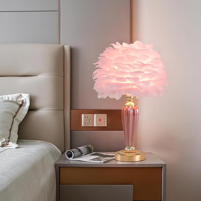 Pink Feather Lamp Creative Bedside Lamp Feather Table Lamp Cute Furry Goose Nightstand Light for Girl Bedroom Wedding Decor Living Room Hotel Office Valentines Dating Gift