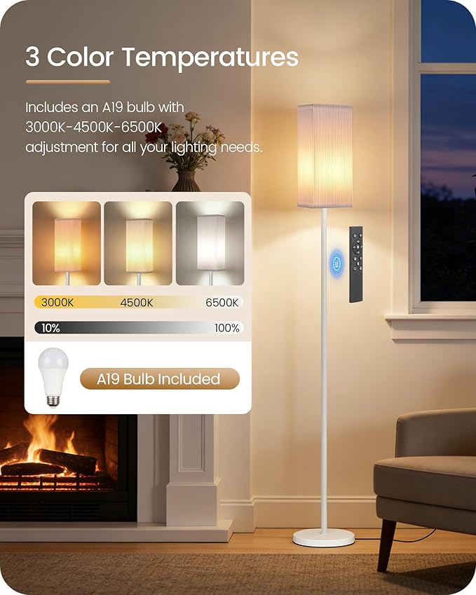 64.2'' Dimmable Floor Lamp for Living Room with Remote and Foot Switch, Corner Floor Lamp for Bedroom, Includes 10W A19 Bulb, Modern Standing Tall Lamp, ETL Listed, White WCW17LD05