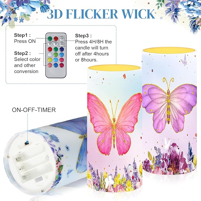 Tiamon Butterfly Flameless Candles Led Butterfly Candles Battery Operated Purple Flickering with 18-Key Remote Timer Pillar for Garden Flower Plants Party Table Decorations