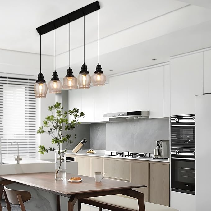 WILON Pendant Lights Kitchen Island, 5-Light Dining Room Light Fixture with Seeded Glass Shade, Farmhouse Chandeliers for Dining Room Matte Black Finish Hanging Linear Chandeliers for Kitchen Island