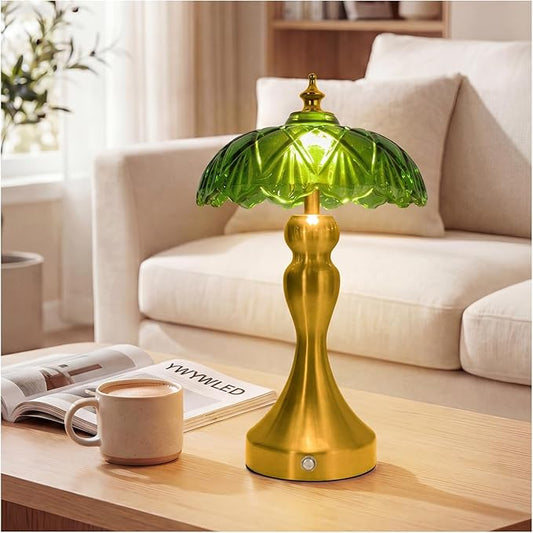 Cordless LED Table Lamp with Glass Shade, 3-Level Brightness & 3 Color Temperatures Touch Control, Rechargeable Portable Bedside Lamp for Nightstand Bedroom Living Room (Green)