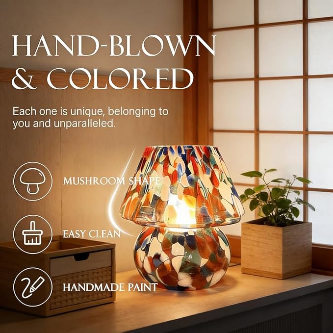 Creative Table lamp, Cute Mushroom Shape, Glass, Medieval Style, Three Lighting Modes, Suitable for bedrooms, Kitchens, Dining Rooms, Living Rooms, and Bookshelf Decoration (Style A)