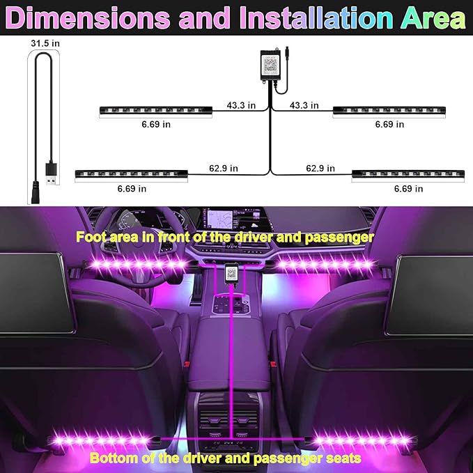 Car Interior Lights, 5V LED Strip Lights with USB Adapter, Ambient Lighting Car Accessories, App & Remote Control Music Sync Color Change Lights for Truck Car Decor (36LED Beads) -2 Set
