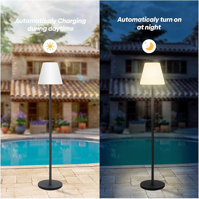 Outdoor Floor Lamp Solar Powered Outdoor Lamps for Patio Waterproof,Rechargeable Indoor Cordless Floor Lamp with Light Sensor,Dimmable Warm White+RGB LED Outdoor Lamp for Lawn,Pool,Garden.