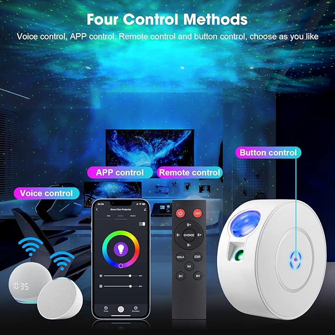 Laser Safety Certified Star Projector, Galaxy Projector with Smart App & Voice Control, 900 Sq.ft Coverage, 4 Custom Scenes, 25dB Silent Operation with 4 Positioning Angles