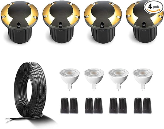 Gardenreet Brass Low Voltage Well Lights for Landscaping Kit(4 Pack) with MR16 Bulb & 100Feet Wire & Connectors, 12V AC/DC LED In Ground Landscape Lighting for Outdoor Yard Garden Path(2 Way Turret)