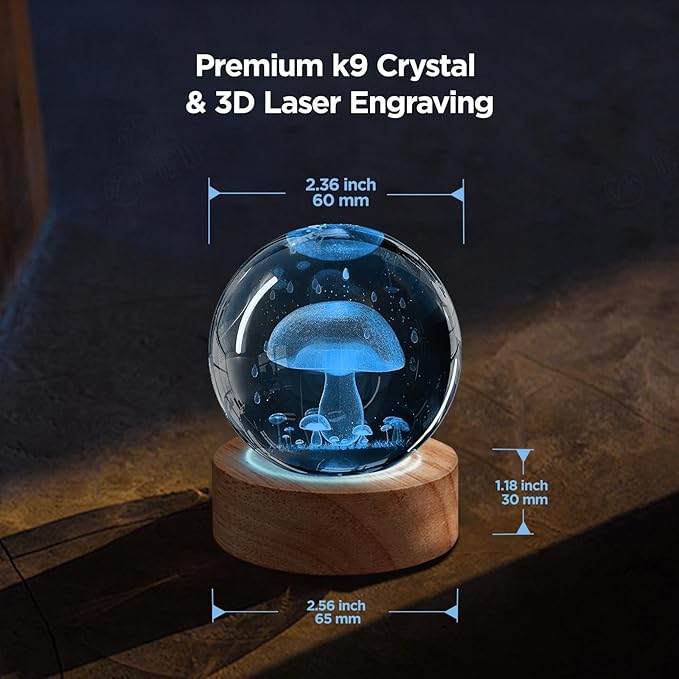 3D Crystal Ball Night Light with 16 Colors, 60mm Glass Ball Lamp with Remote - Unique Mushroom Room Table Decor, Birthday Christmas Gifts for Kids Teens Women