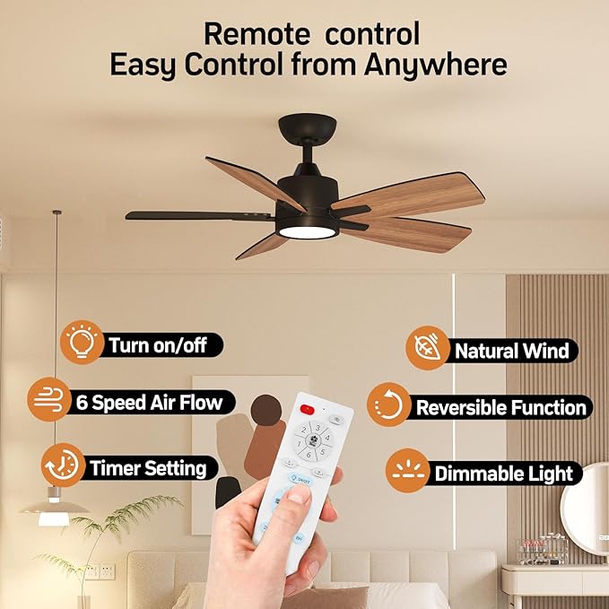 TALOYA 42 Inch Ceiling Fans with Lights Led Remote Control Low Profile Flush Mount for Bedroom Home Outdoor Patio Living Room,3 Color Temperatures,Dimmable,DC Motor,Reversible,5 Blades,Black