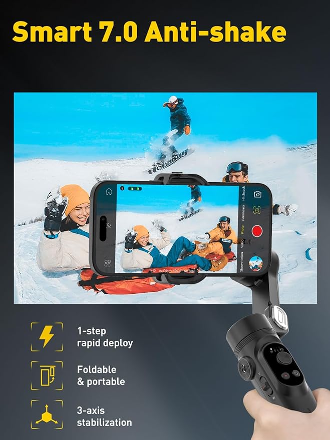 AOCHUAN 3-Axis Gimbal Stabilizer for iPhone 15/14/13 Pro Max Android,Foldable Smartphone Gimbal w/Built-in Fill Light,1/4 Thread,Professional Anti-Shake Video Record for TikTok YouTube(Smart X Black)