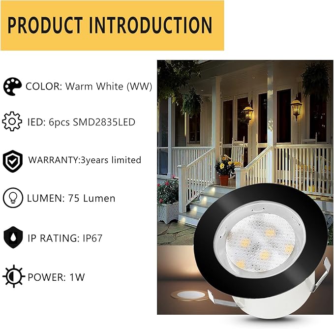Led Deck Lights Outdoor Waterproof Low Voltage Stainless Steel 1W Outdoor Yard Garden Decoration Lamps Landscape Pathway Patio Step Stairs LED In-ground Lights Black Border(10pcs,Warm White)