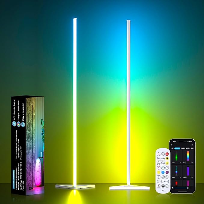 MIHEAL 2PCS Corner Floor Lamp, Synced Lights LED Control Floor Lamp RGB Light 56" Smart LED Corner Lamp App and Remote for Living Room Gaming Bedroom and Etc.